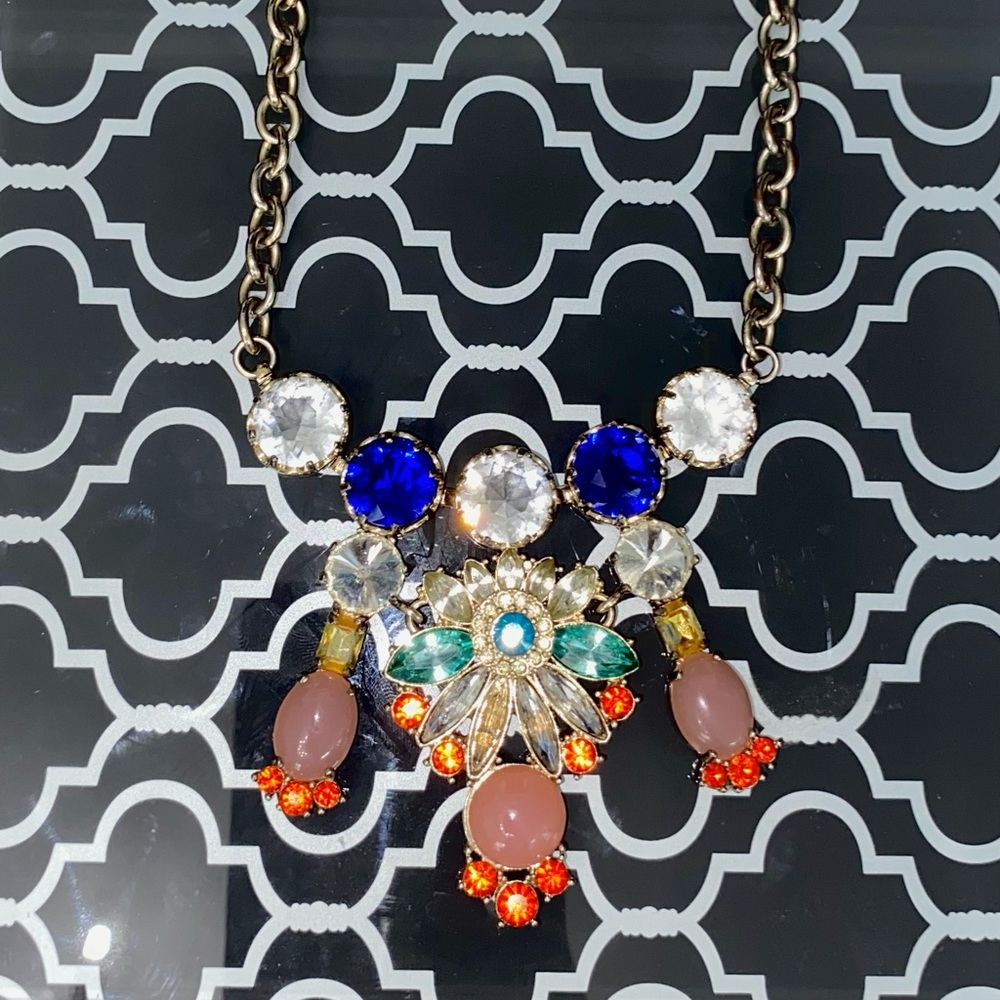 J.Crew Necklace Statement Blue Clear Orange Colorful Rhinestone Gold Chain Link